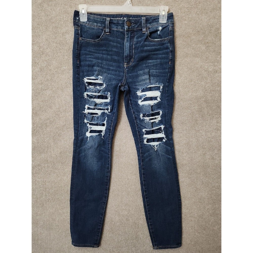 American Eagle Hi Rise Jegging Womens 10 Blue 360 Next Level Stretch Distressed
